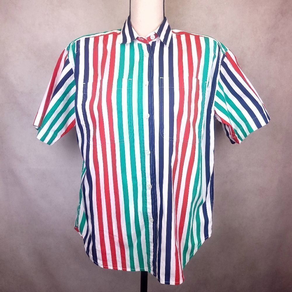 Vintage Liz Claiborne Blue Red Green Striped Short Sleeve Buttondown Shirt Small